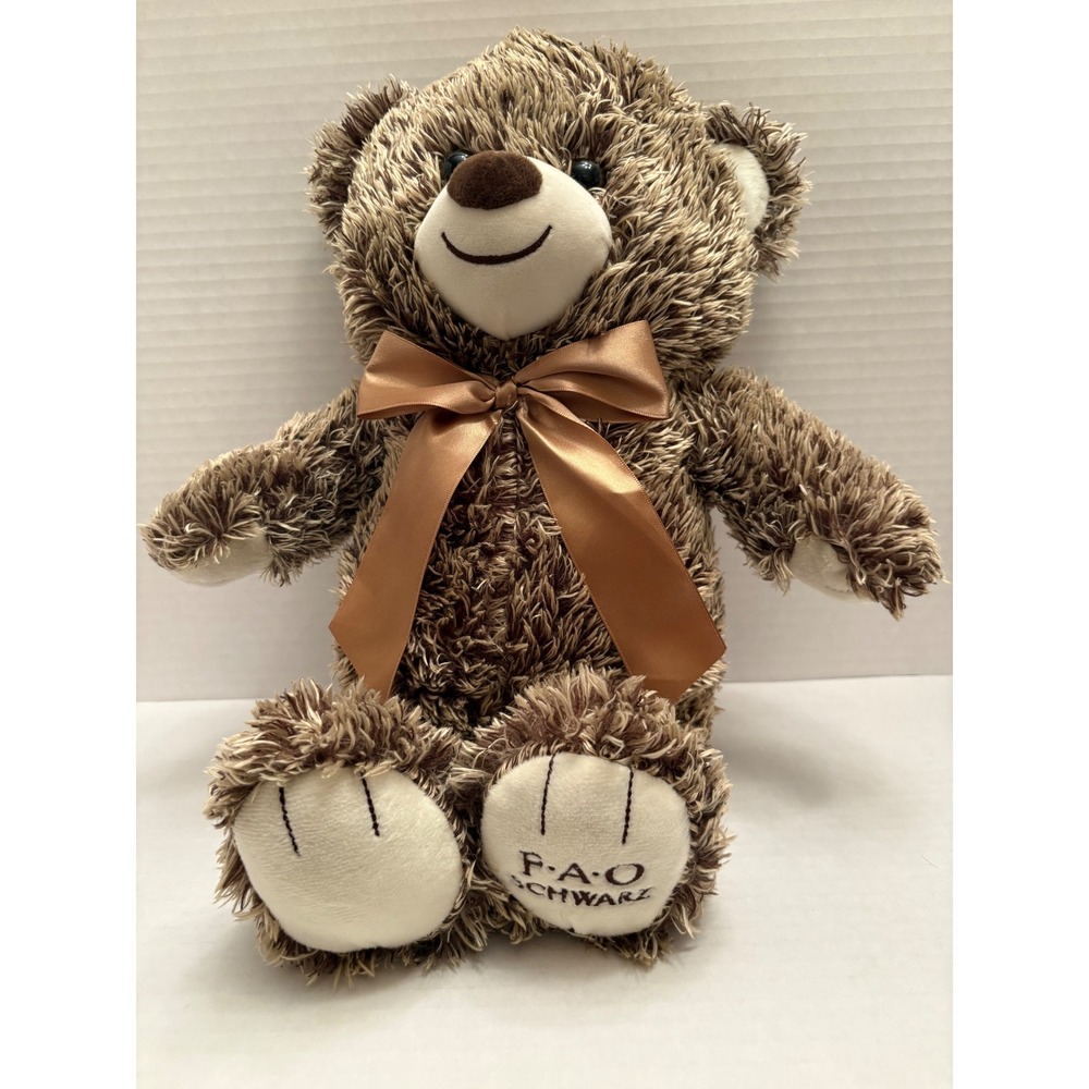 FAO Schwarz Teddy Bear Brown Shaggy Plush Stuffed Animal with Copper Bow‎ 021301